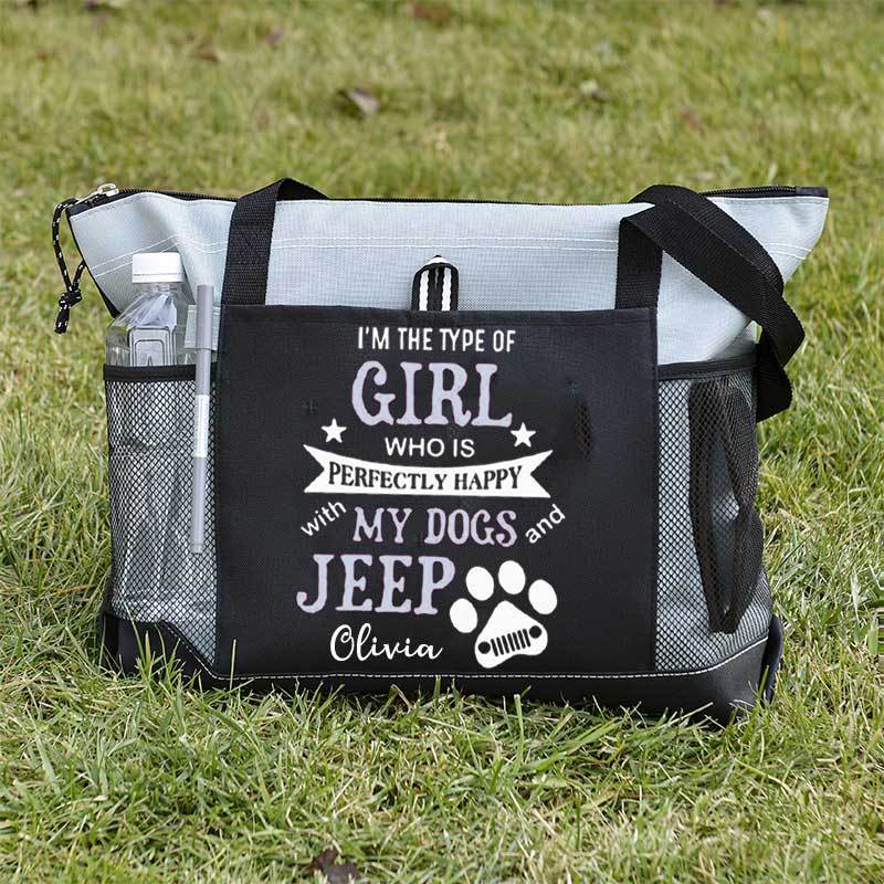 I am the Type of Girl who is Perfectly Happy with My Dogs and Jeep Custom Tote Bag