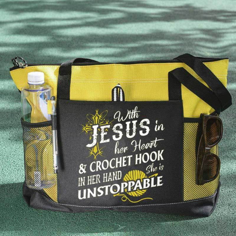 With Jesus In Her Heart & Crochet Hook In Her Hand She Is Unstoppable Tote Bag