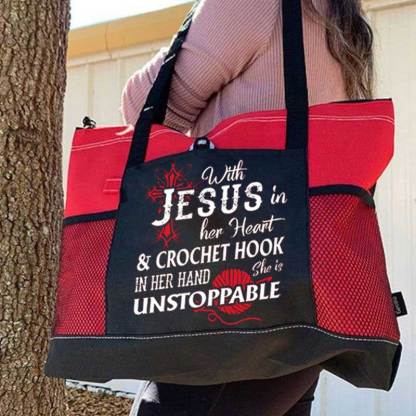 With Jesus In Her Heart & Crochet Hook In Her Hand She Is Unstoppable Tote Bag