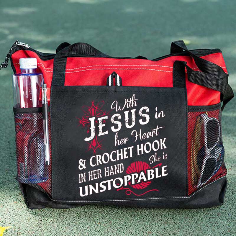 With Jesus In Her Heart & Crochet Hook In Her Hand She Is Unstoppable Tote Bag