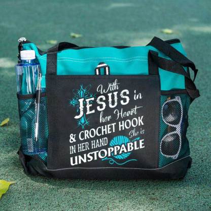 With Jesus In Her Heart & Crochet Hook In Her Hand She Is Unstoppable Tote Bag