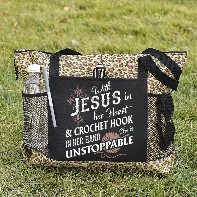 With Jesus In Her Heart & Crochet Hook In Her Hand She Is Unstoppable Tote Bag
