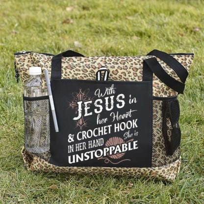 With Jesus In Her Heart & Crochet Hook In Her Hand She Is Unstoppable Tote Bag