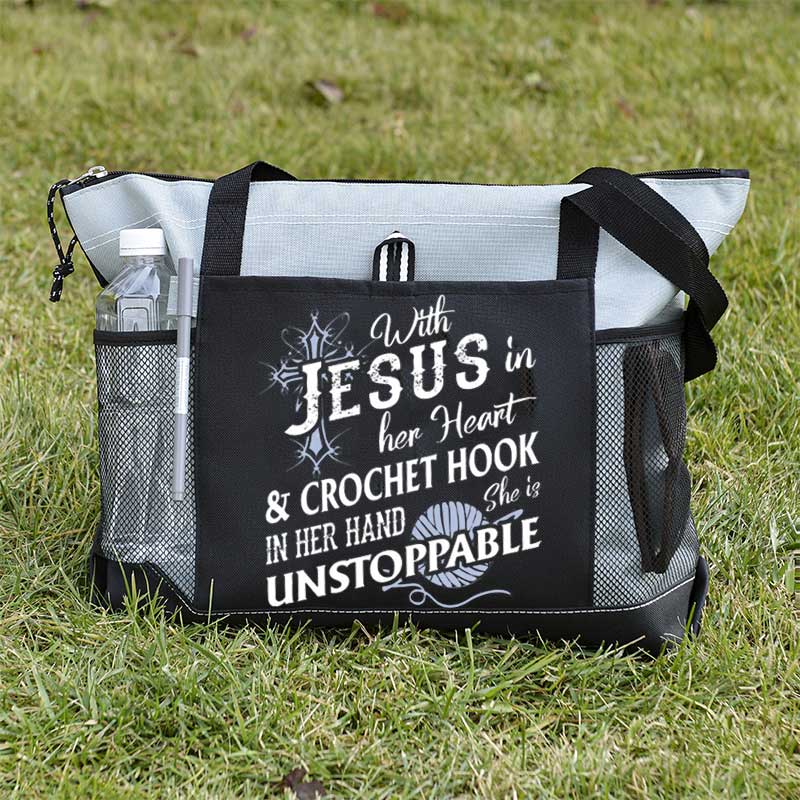 With Jesus In Her Heart & Crochet Hook In Her Hand She Is Unstoppable Tote Bag