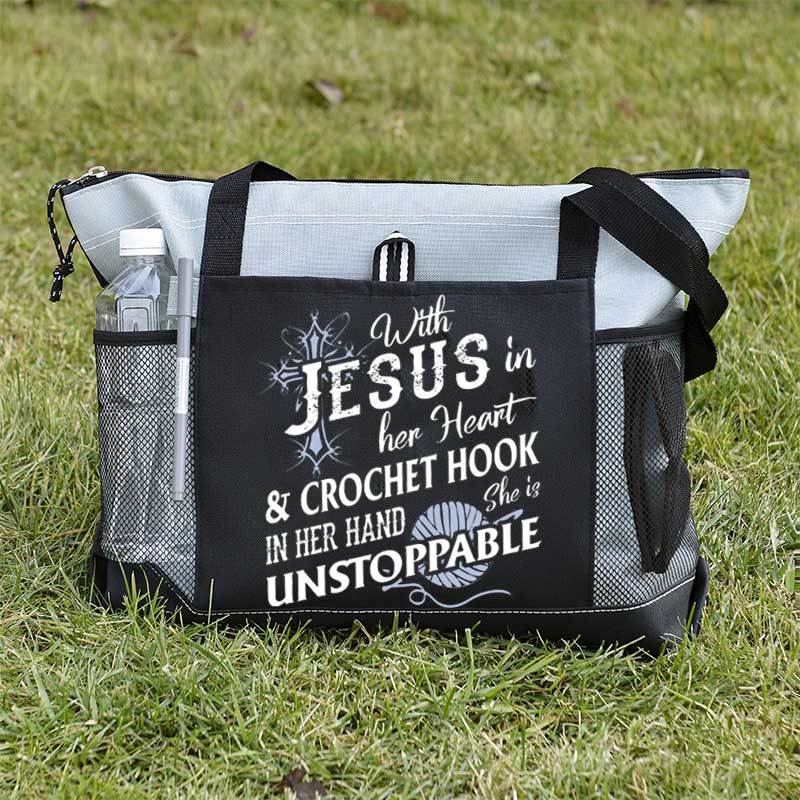 With Jesus In Her Heart & Crochet Hook In Her Hand She Is Unstoppable Tote Bag