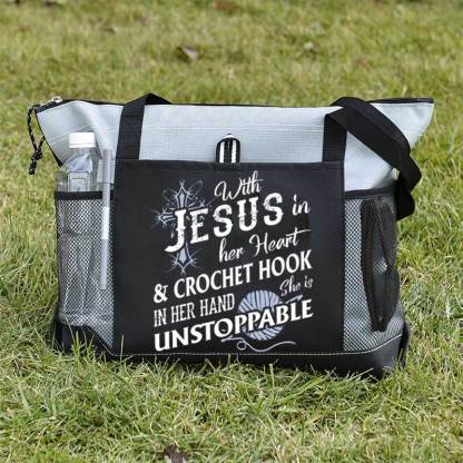 With Jesus In Her Heart & Crochet Hook In Her Hand She Is Unstoppable Tote Bag