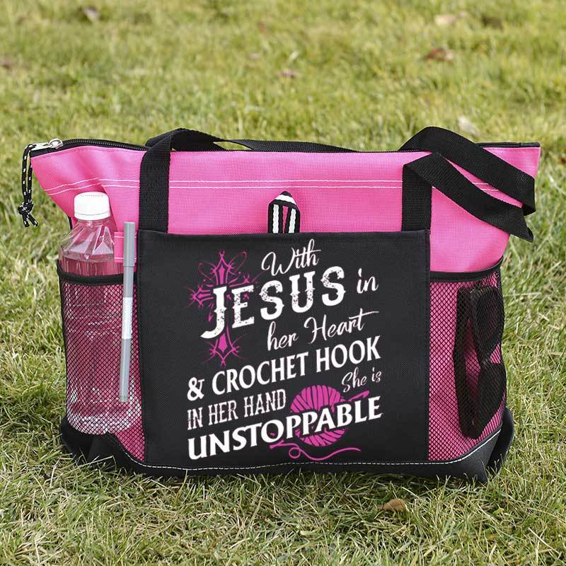 With Jesus In Her Heart & Crochet Hook In Her Hand She Is Unstoppable Tote Bag