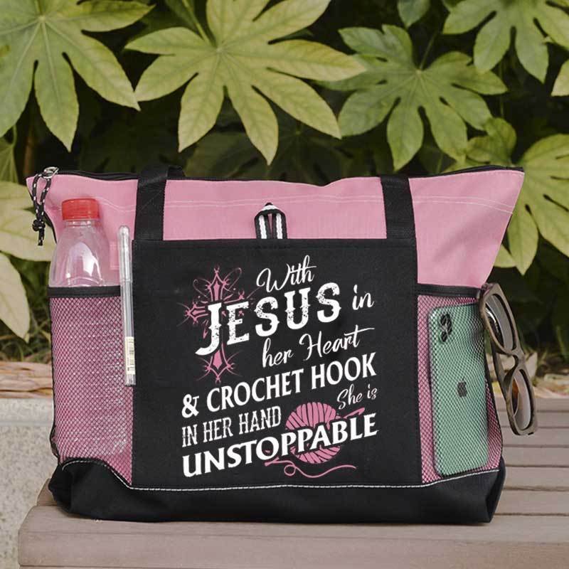 With Jesus In Her Heart & Crochet Hook In Her Hand She Is Unstoppable Tote Bag