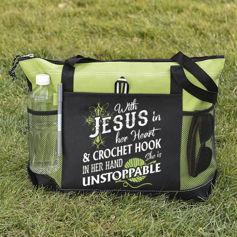 With Jesus In Her Heart & Crochet Hook In Her Hand She Is Unstoppable Tote Bag