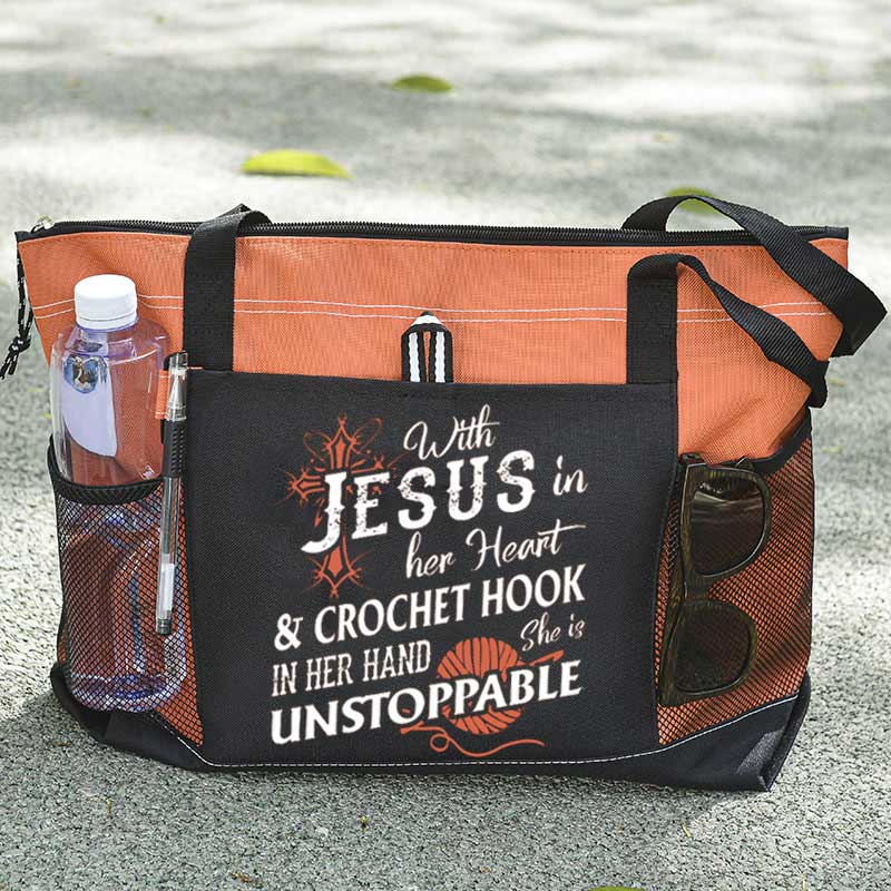 With Jesus In Her Heart & Crochet Hook In Her Hand She Is Unstoppable Tote Bag
