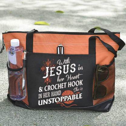 With Jesus In Her Heart & Crochet Hook In Her Hand She Is Unstoppable Tote Bag