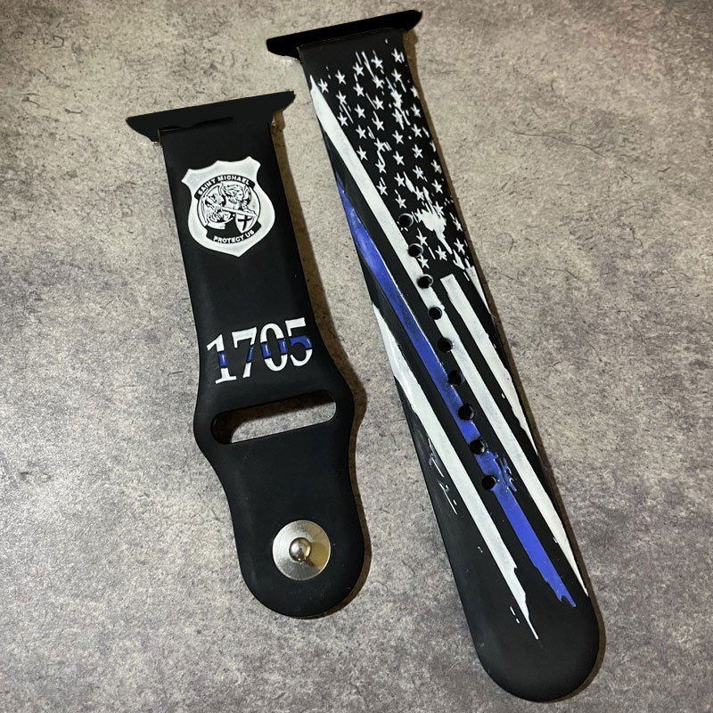 Personalized Police Thin Blue Line Flag Silicone Watch Band for Apple