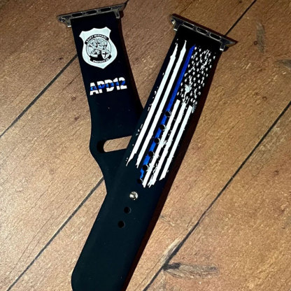 Personalized Police Thin Blue Line Flag Silicone Watch Band for Apple