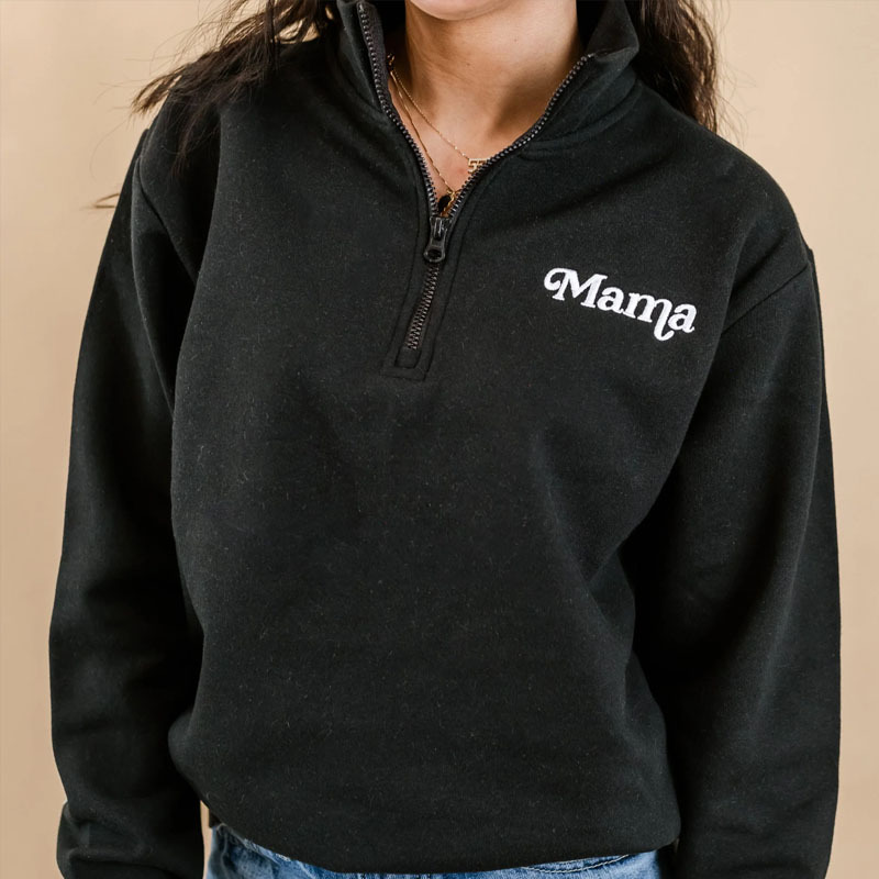 Mama Embroidered Zip Pullover Sweatshirt