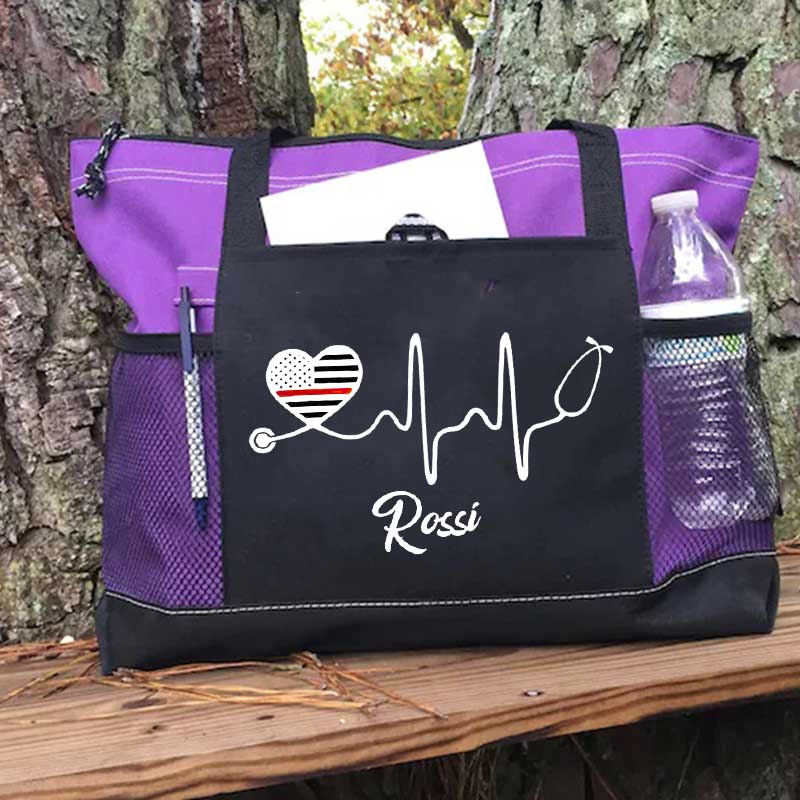 Personalized Thin Red Line Flag Heart Stethoscope Fire Rescue Tote Bag