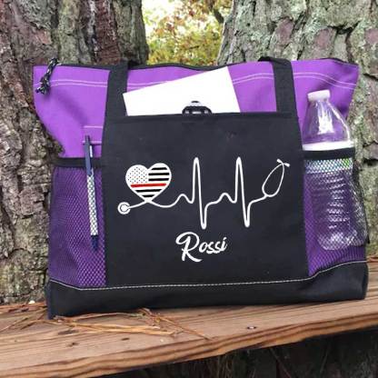 Personalized Thin Red Line Flag Heart Stethoscope Fire Rescue Tote Bag