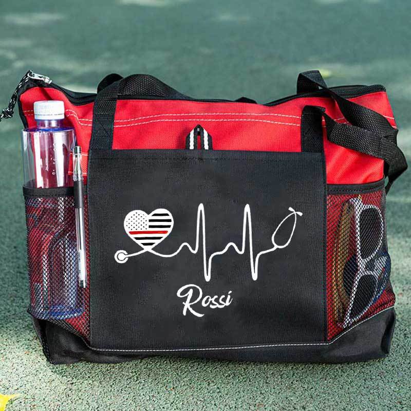 Personalized Thin Red Line Flag Heart Stethoscope Fire Rescue Tote Bag