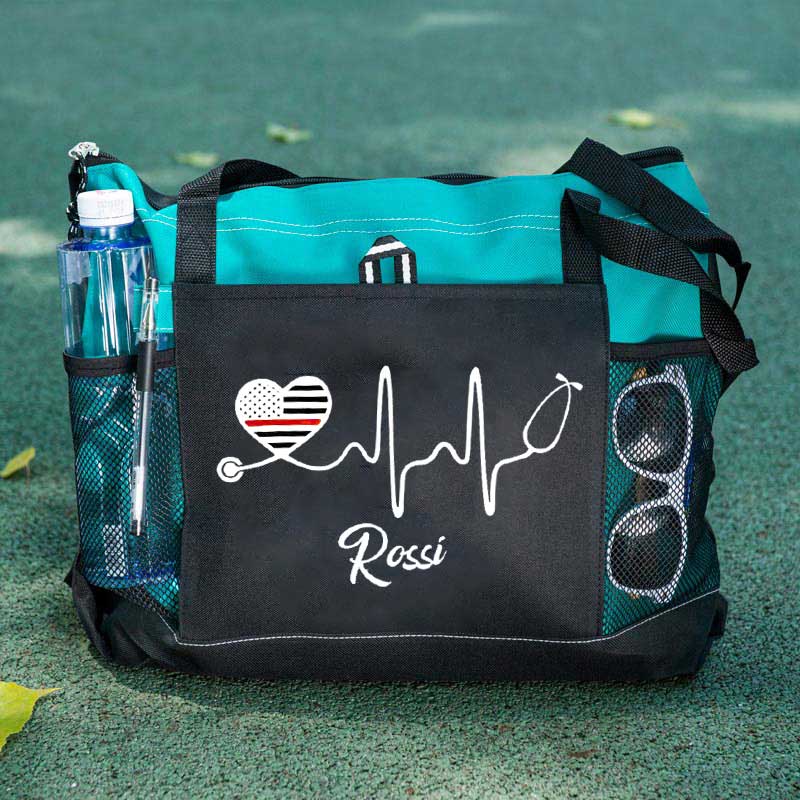 Personalized Thin Red Line Flag Heart Stethoscope Fire Rescue Tote Bag
