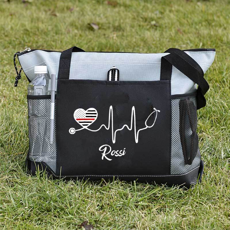 Personalized Thin Red Line Flag Heart Stethoscope Fire Rescue Tote Bag