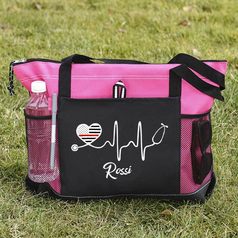 Personalized Thin Red Line Flag Heart Stethoscope Fire Rescue Tote Bag