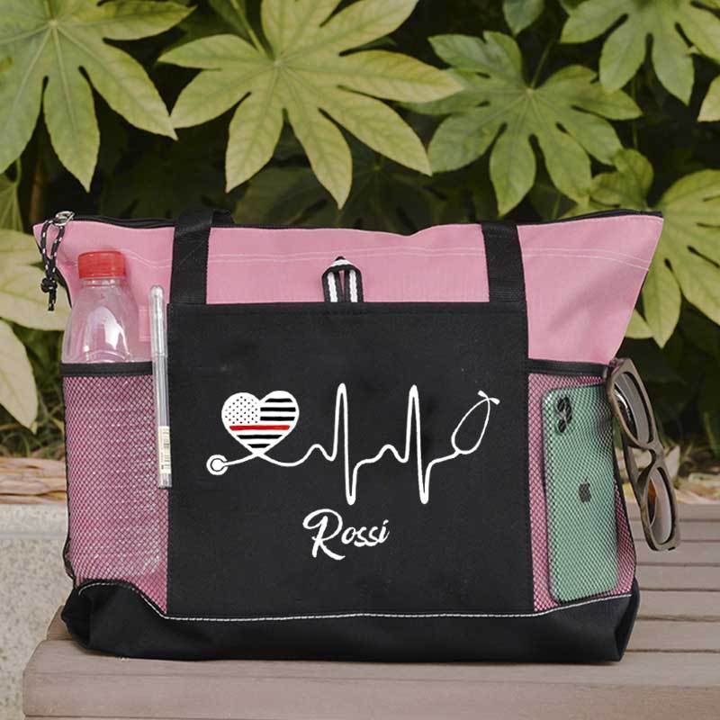Personalized Thin Red Line Flag Heart Stethoscope Fire Rescue Tote Bag