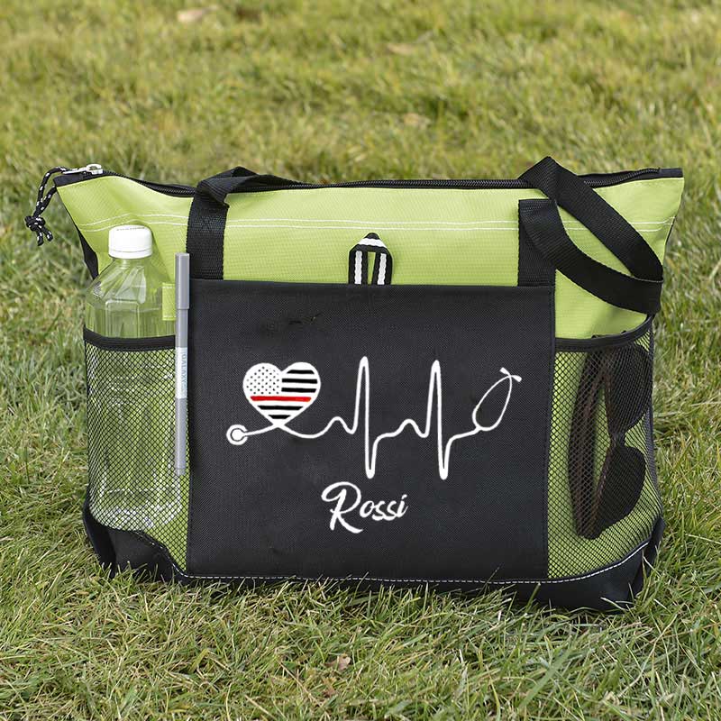 Personalized Thin Red Line Flag Heart Stethoscope Fire Rescue Tote Bag