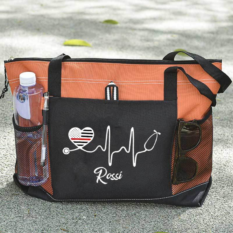 Personalized Thin Red Line Flag Heart Stethoscope Fire Rescue Tote Bag