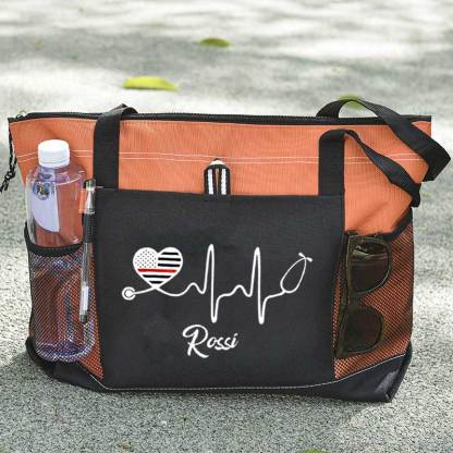 Personalized Thin Red Line Flag Heart Stethoscope Fire Rescue Tote Bag