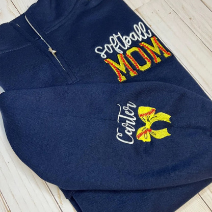 Softball Mom Custom Embroidered With Kid Name Zip Pullover Sweatshirt
