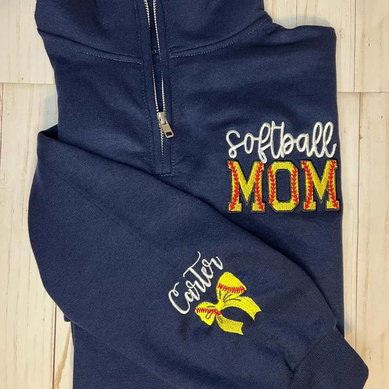 Softball Mom Custom Embroidered With Kid Name Zip Pullover Sweatshirt