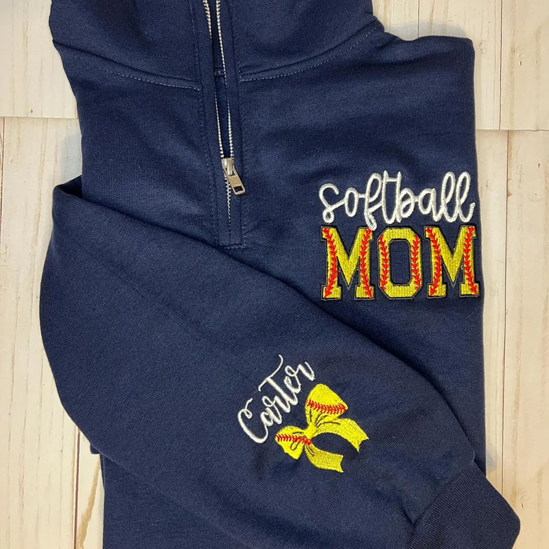 Softball Mom Custom Embroidered With Kid Name Zip Pullover Sweatshirt