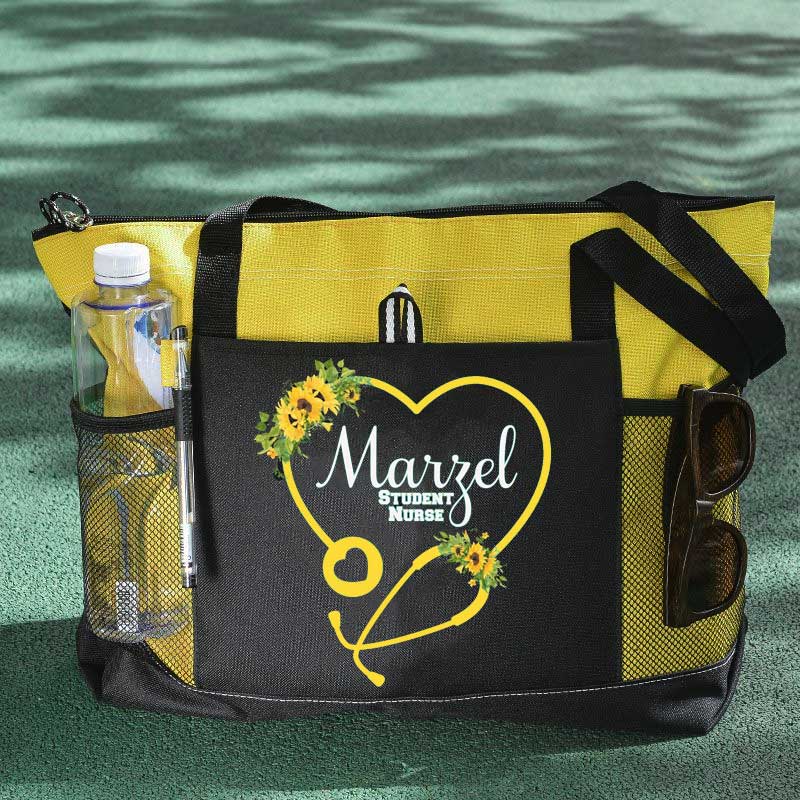 Sunflowers Personalized Heart Stethoscope with Flowers RN, LPN, CNA Tote Bag