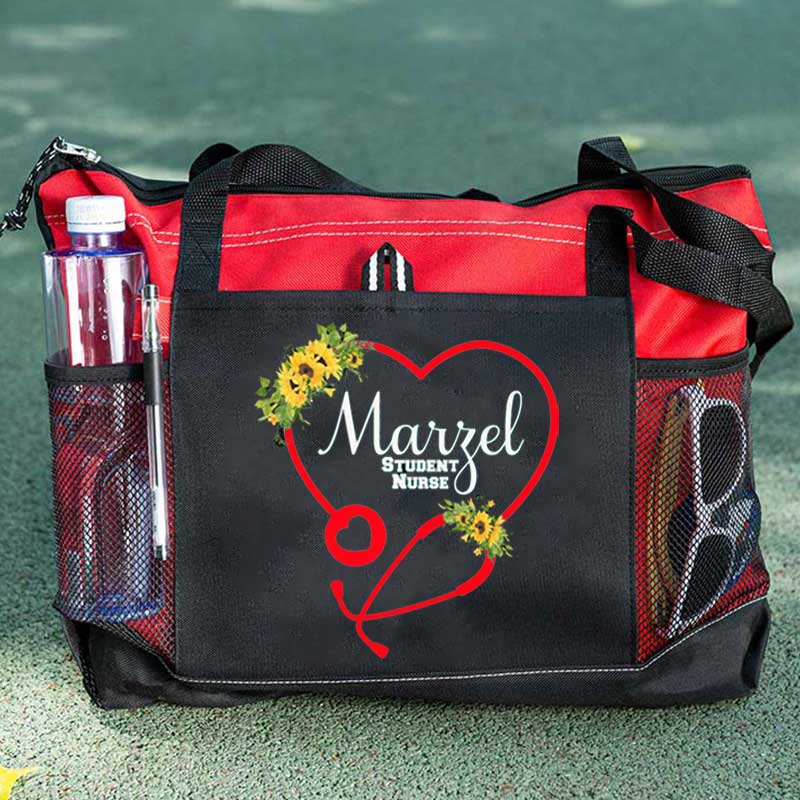 Sunflowers Personalized Heart Stethoscope with Flowers RN, LPN, CNA Tote Bag