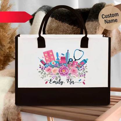 Personalized Flower RN Canvas Tote Bag