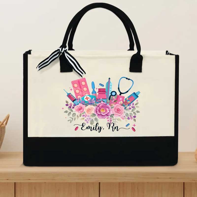 Personalized Flower RN Canvas Tote Bag