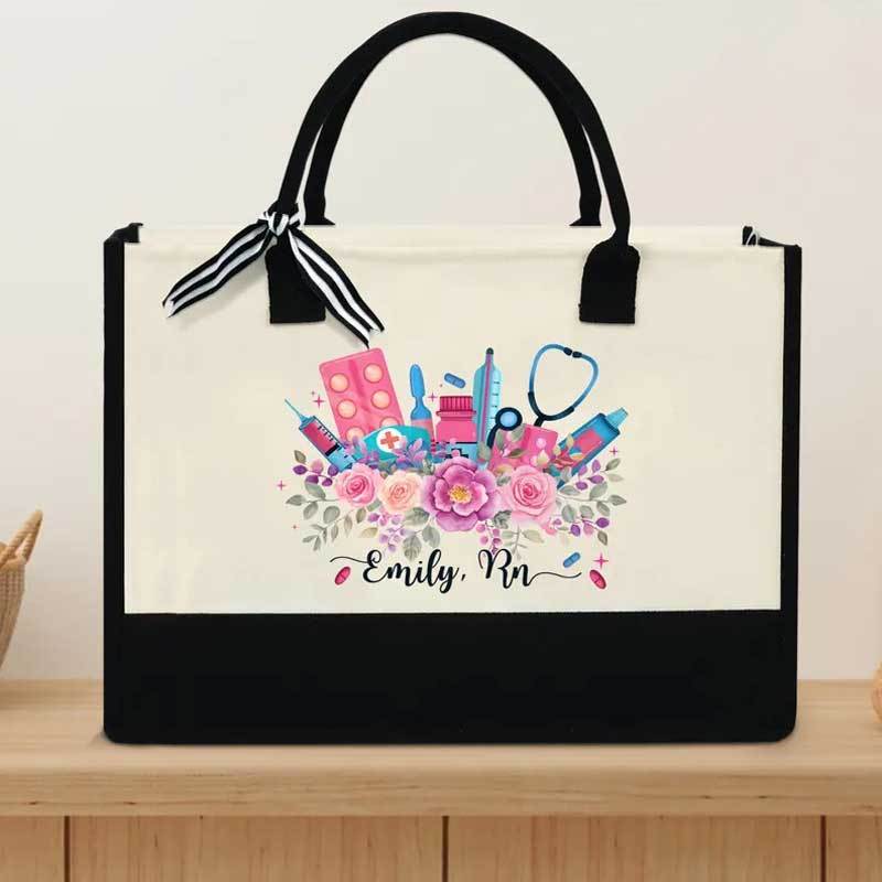 Personalized Flower RN Canvas Tote Bag