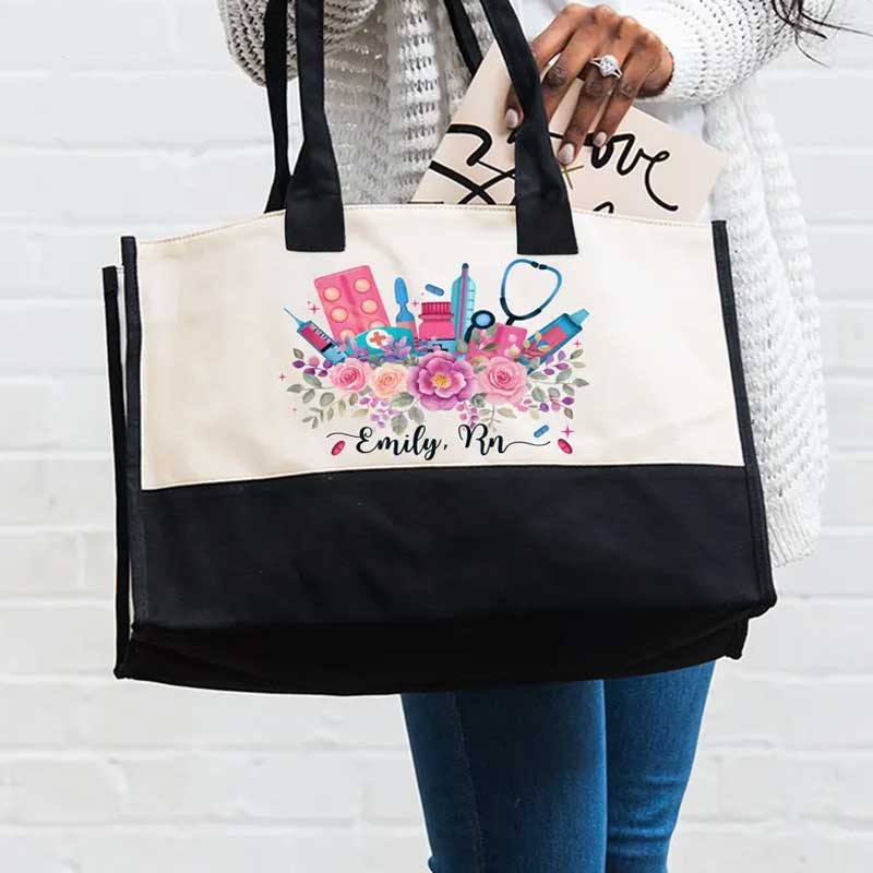 Personalized Flower RN Canvas Tote Bag