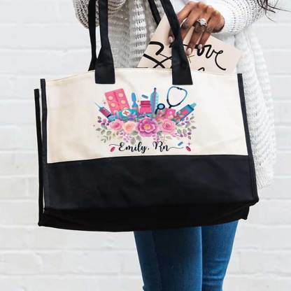 Personalized Flower RN Canvas Tote Bag