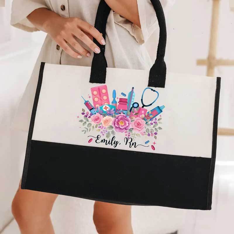 Personalized Flower RN Canvas Tote Bag