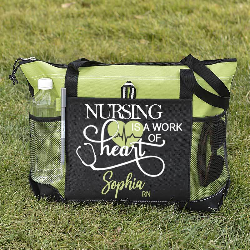 Personalized Nursing Is A Work of Heart Canvas Zippered Tote Bag