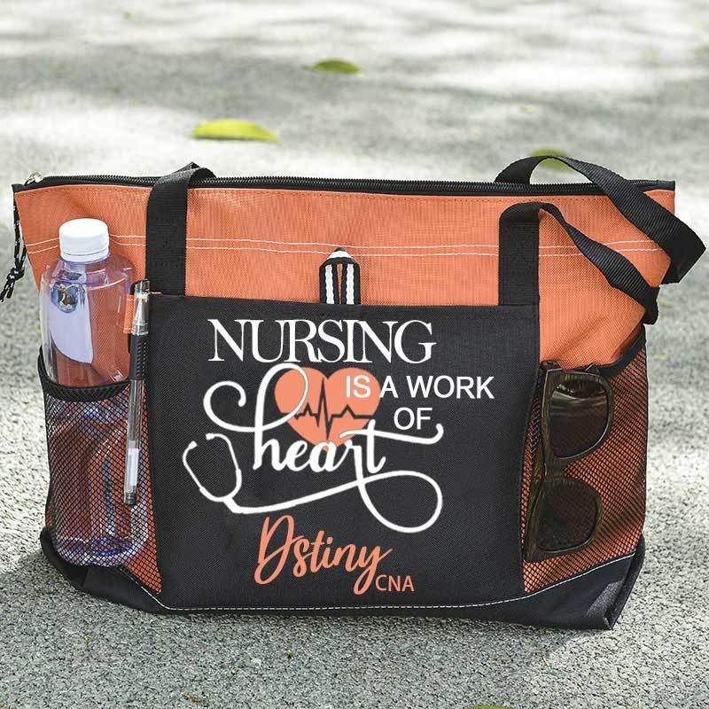 Personalized Nursing Is A Work of Heart Canvas Zippered Tote Bag