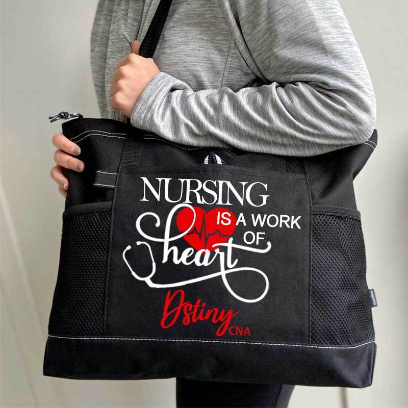 Personalized Nursing Is A Work of Heart Canvas Zippered Tote Bag