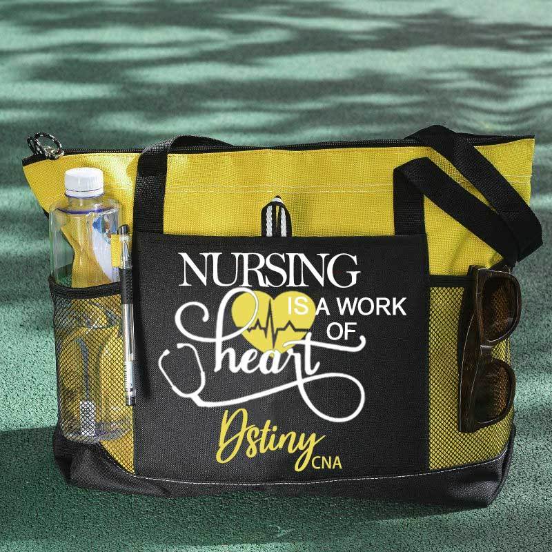 Personalized Nursing Is A Work of Heart Canvas Zippered Tote Bag