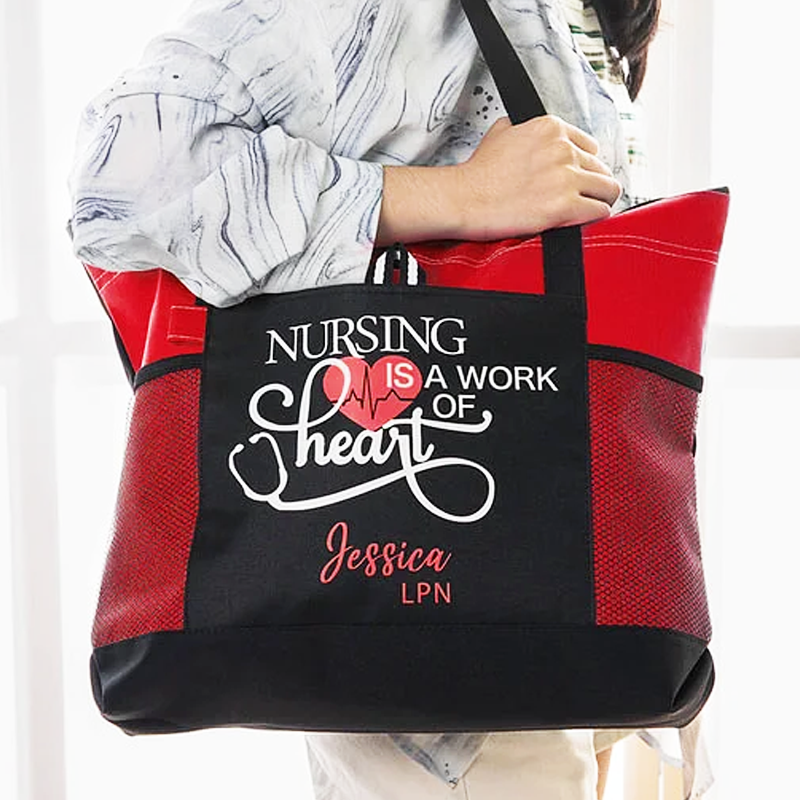 Personalized Nursing Is A Work of Heart Canvas Zippered Tote Bag