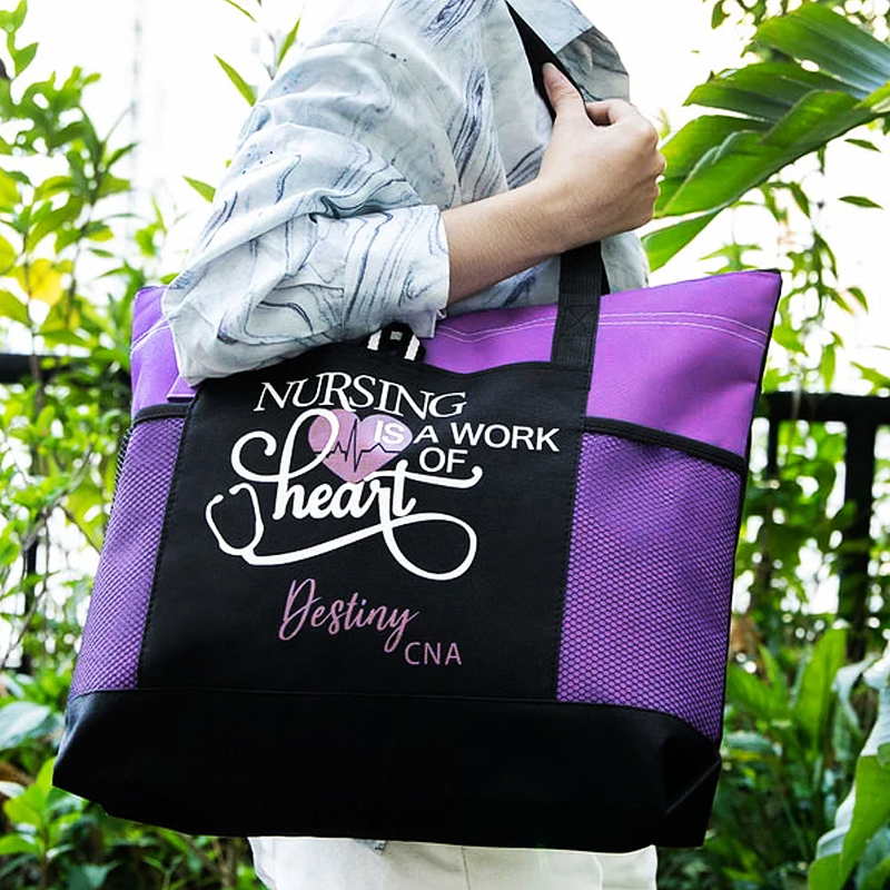Personalized Nursing Is A Work of Heart Canvas Zippered Tote Bag
