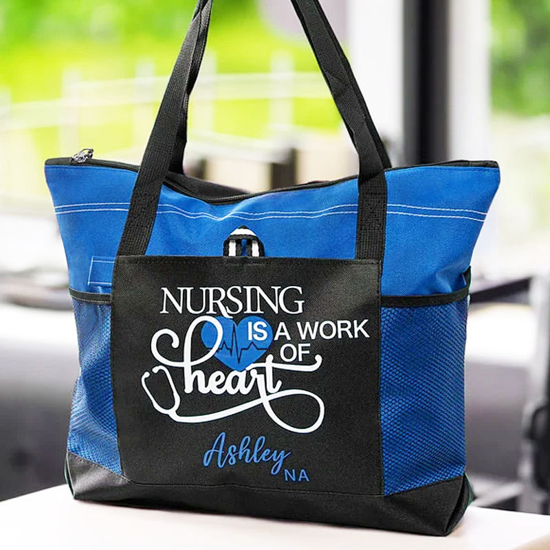 Personalized Nursing Is A Work of Heart Canvas Zippered Tote Bag
