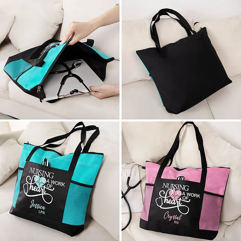 Personalized Nursing Is A Work of Heart Canvas Zippered Tote Bag