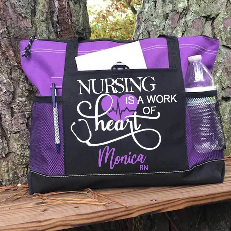 Personalized Nursing Is A Work of Heart Canvas Zippered Tote Bag