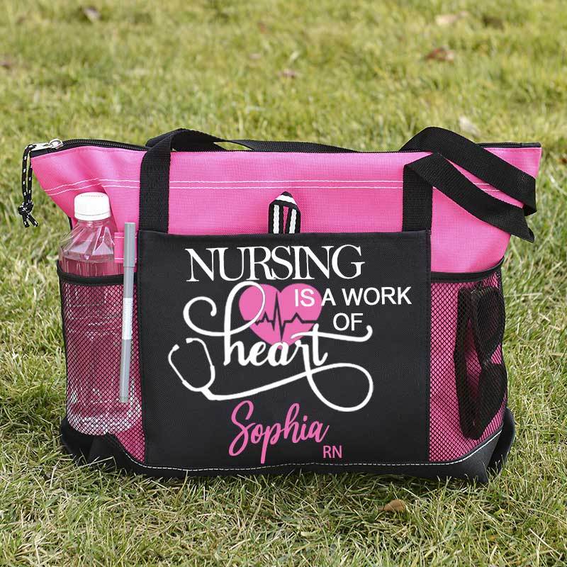 Personalized Nursing Is A Work of Heart Canvas Zippered Tote Bag