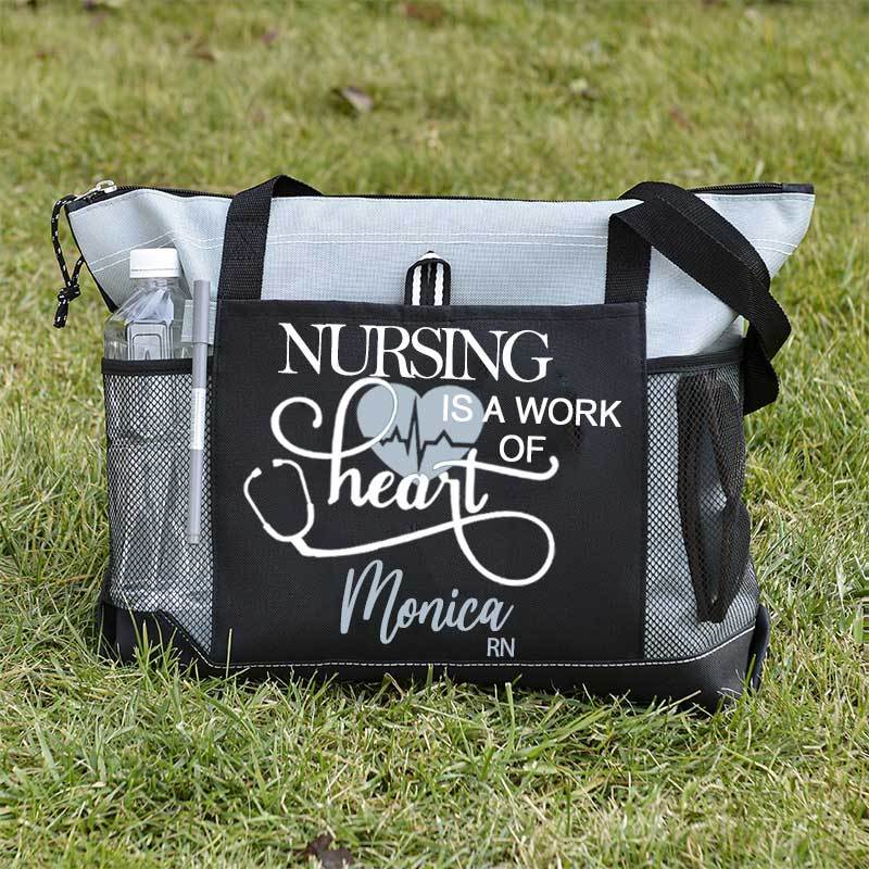 Personalized Nursing Is A Work of Heart Canvas Zippered Tote Bag